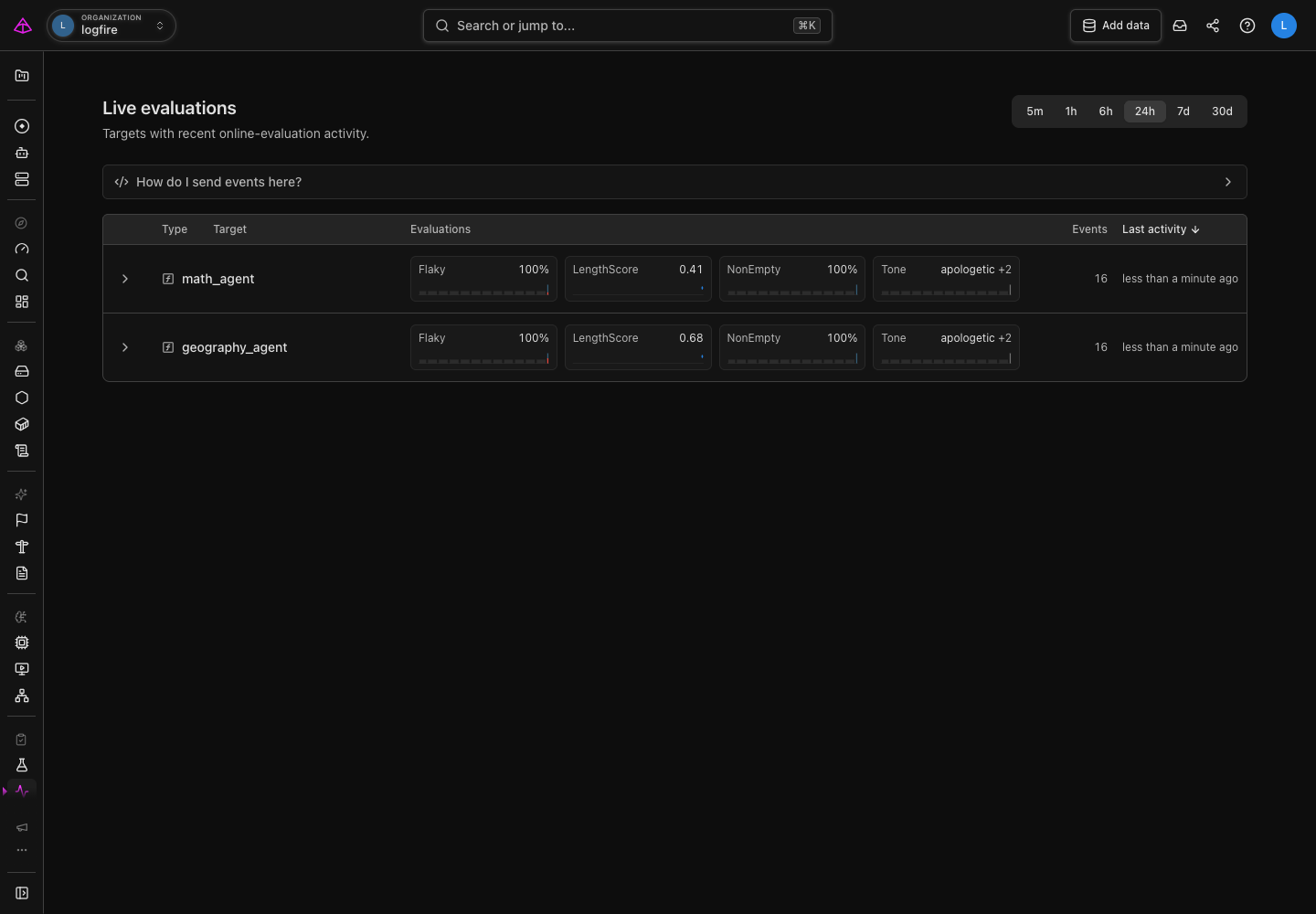 The Live Evaluations target list, showing two targets and summaries for their pass/fail, numeric, and label-based evaluators