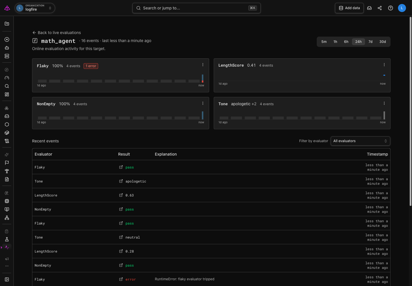A target detail page, with evaluator cards and a recent-events table including a failing evaluator result