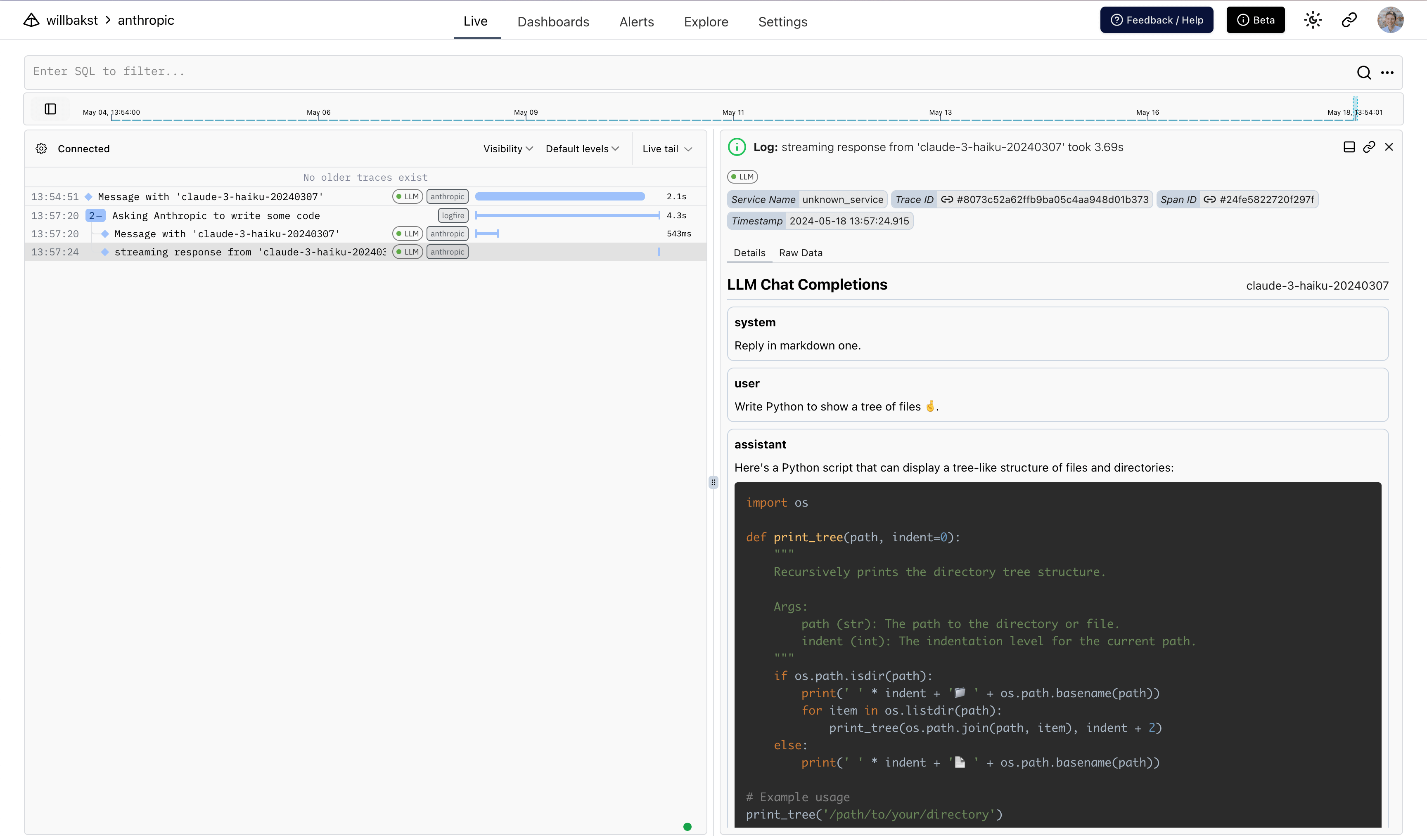Logfire Anthropic Streaming