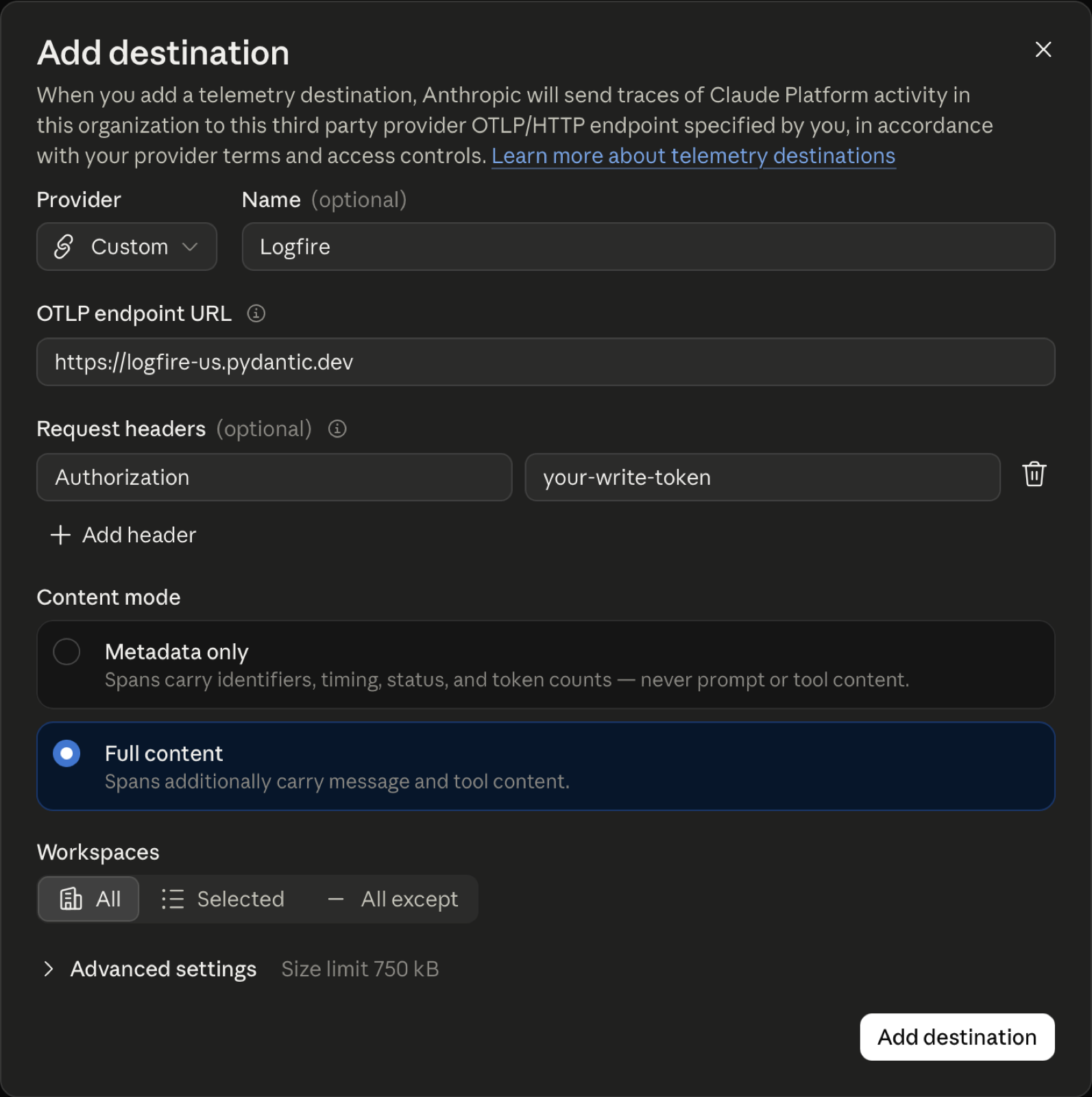 The Add destination form in the Claude Console, filled in for Logfire