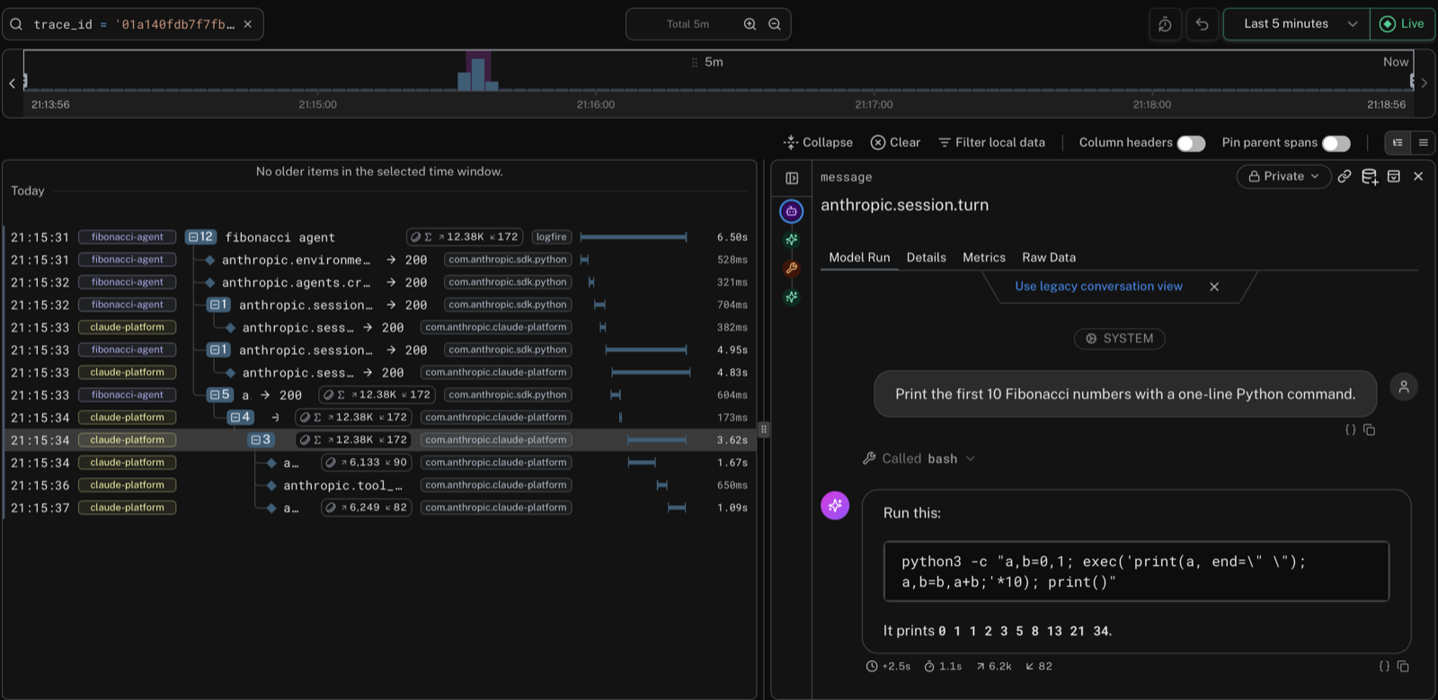 Logfire Live view of a Managed Agents session with the turn span open