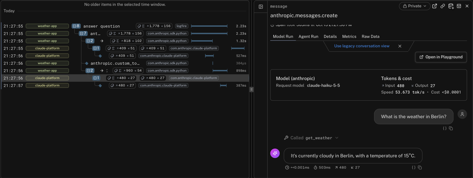 Logfire Live view of a Messages API request with the tool runner, with a request span open