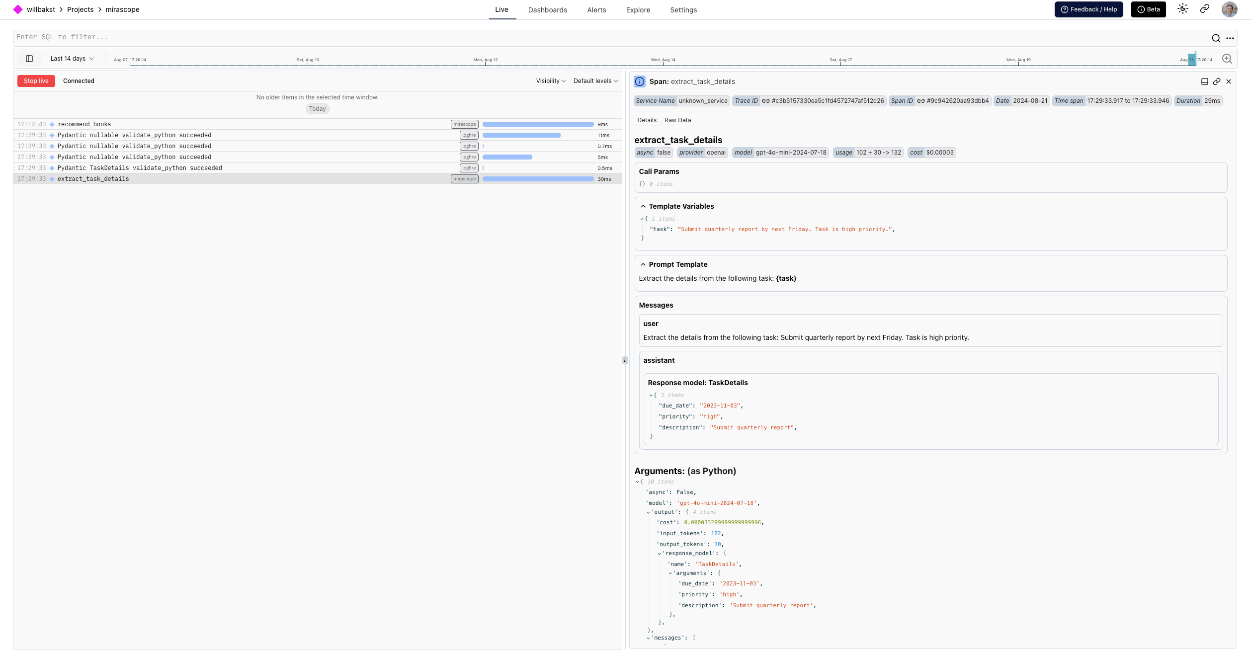 Logfire Mirascope Anthropic call