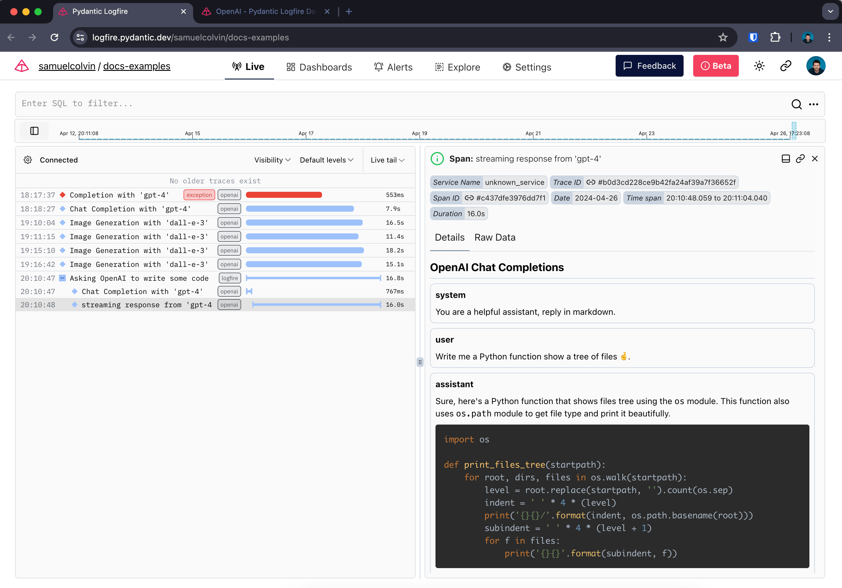 Logfire OpenAI Streaming