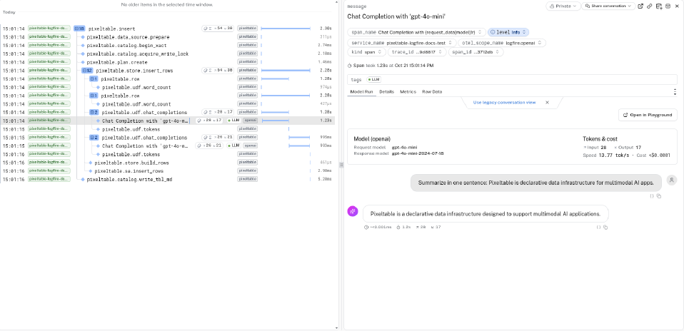 Pixeltable insert trace with a nested OpenAI chat completion