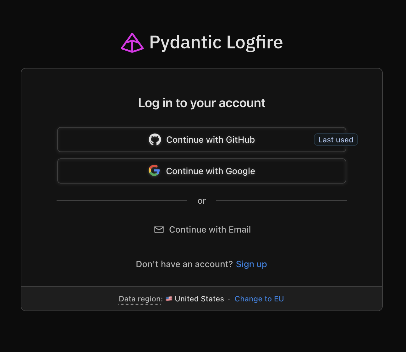 The data region, shown at the foot of the Logfire sign-in card, with a link to change to the other region