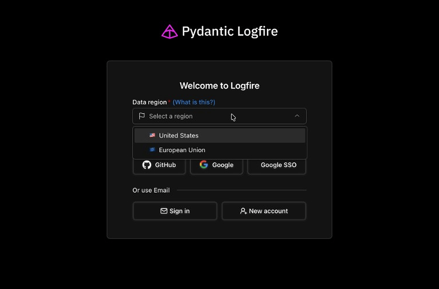 Region picker on the sign-in screen