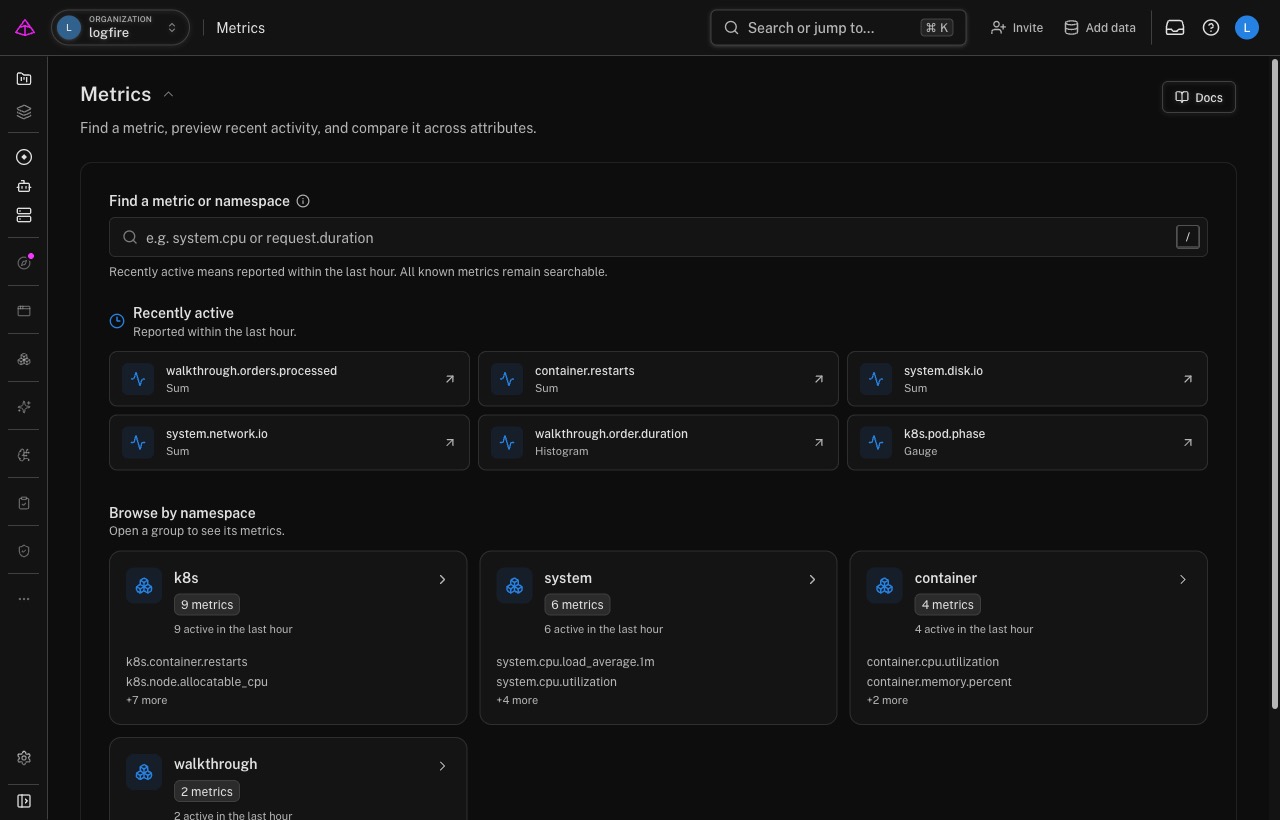 Metrics Explorer search, recently active metrics, and namespace cards