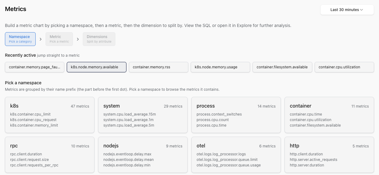 Metrics explorer step 1: pick a namespace