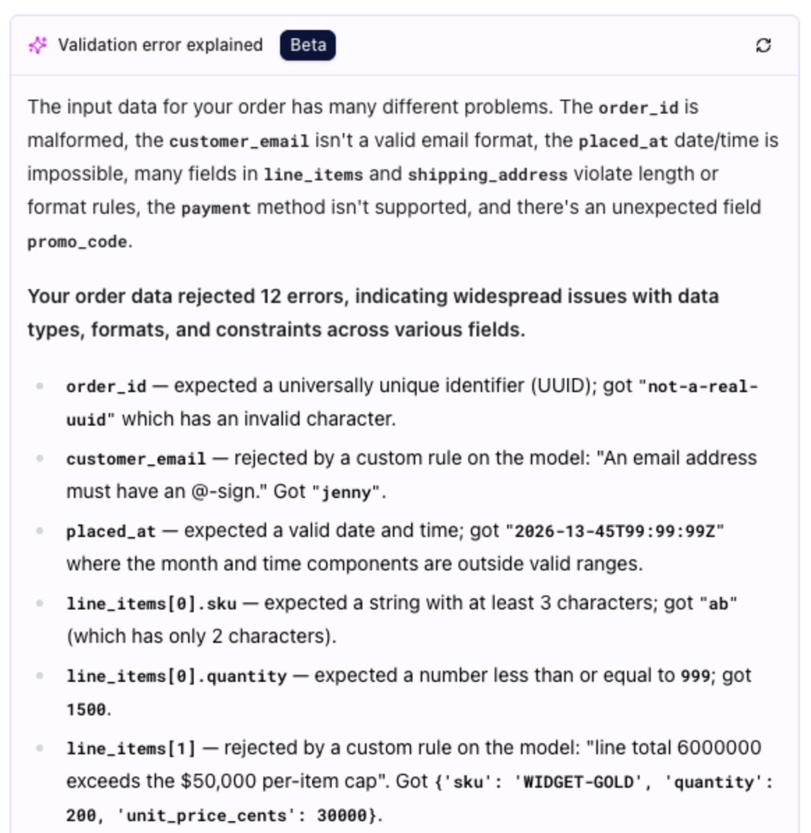 Logfire explaining a Pydantic validation error