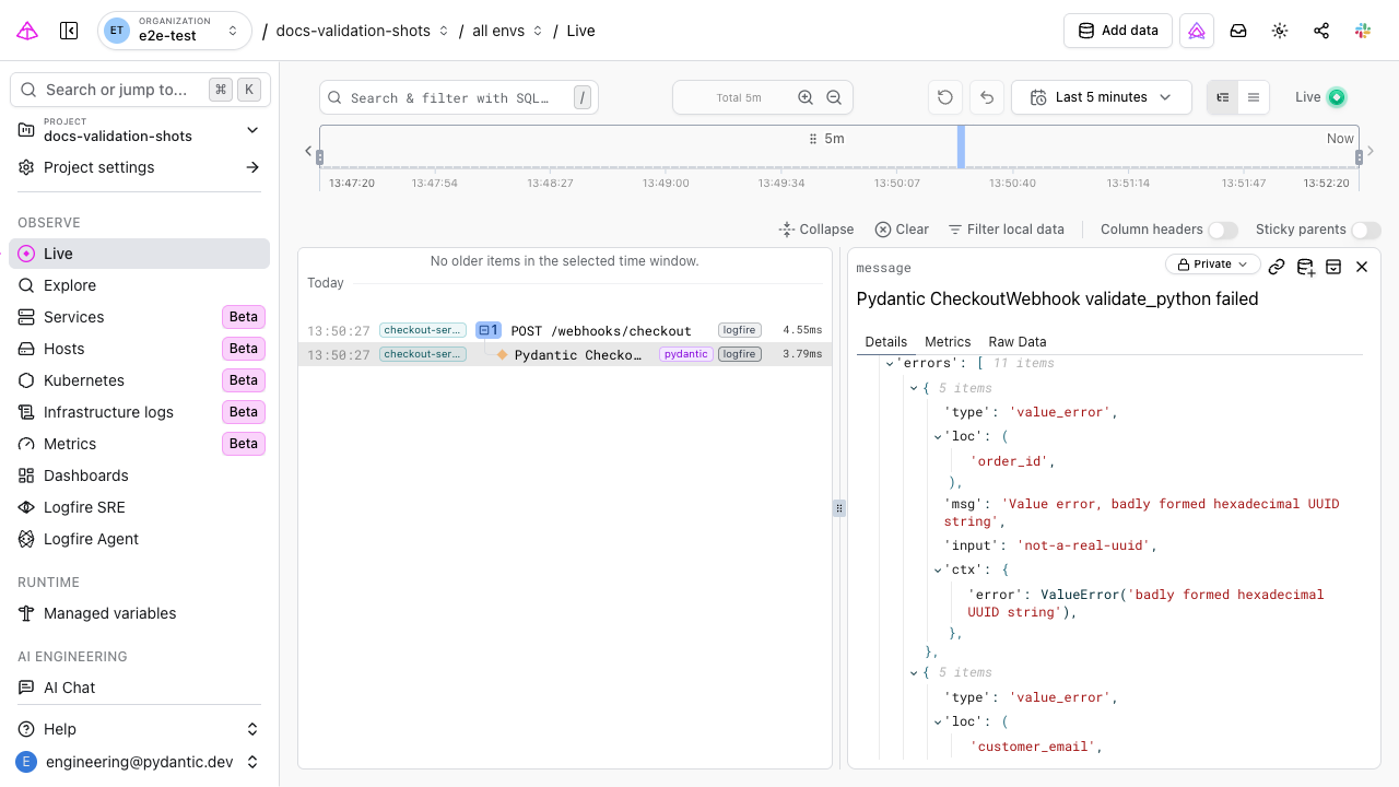 A Pydantic validation failure in the Logfire live view, with the structured errors captured on the span