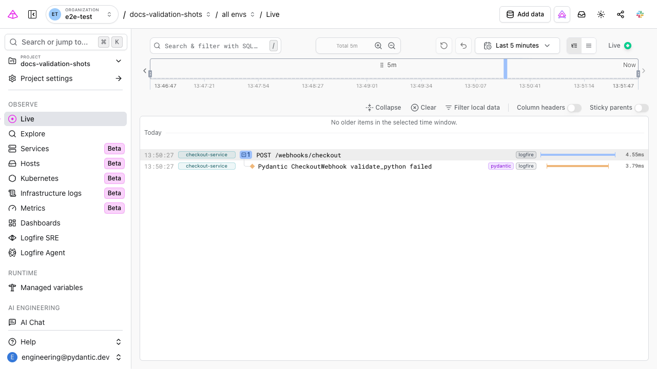 A failed Pydantic validation recorded in the Logfire live view
